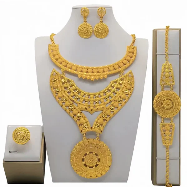 Trendy Dubai Gold Color Jewelry Set For Women Tassel Long Arabic Ethiopian Chain Bridal Necklace Bracelet Earring Ring Sets - Image 2