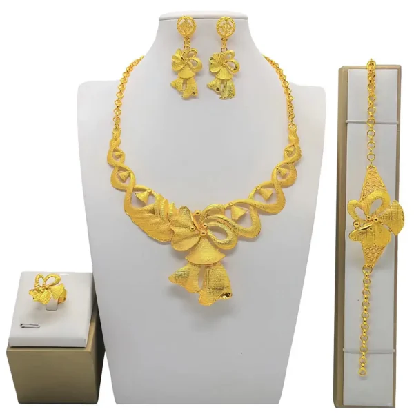 Trendy Dubai Gold Color Jewelry Set For Women Tassel Long Arabic Ethiopian Chain Bridal Necklace Bracelet Earring Ring Sets - Image 3