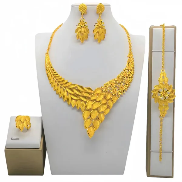 Trendy Dubai Gold Color Jewelry Set For Women Tassel Long Arabic Ethiopian Chain Bridal Necklace Bracelet Earring Ring Sets - Image 4