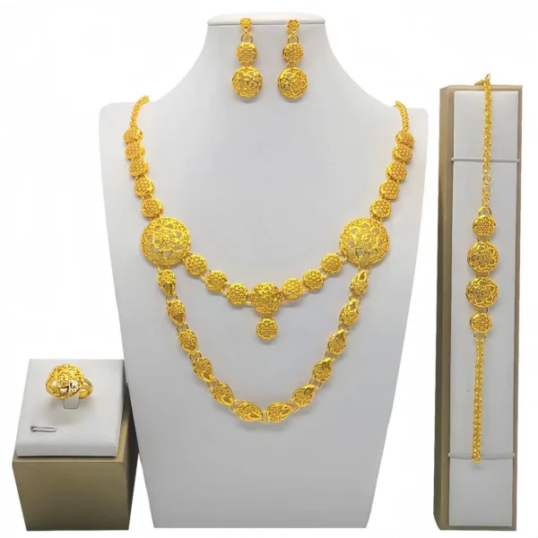 Trendy Dubai Gold Color Jewelry Set For Women Tassel Long Arabic Ethiopian Chain Bridal Necklace Bracelet Earring Ring Sets - Image 5