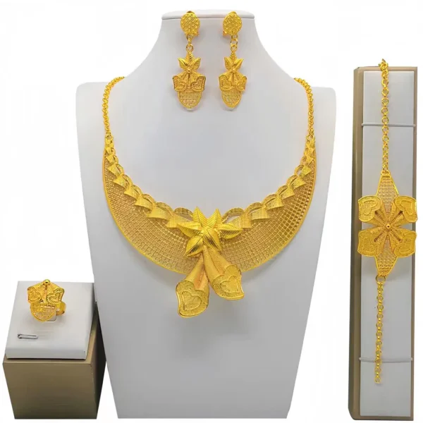 Trendy Dubai Gold Color Jewelry Set For Women Tassel Long Arabic Ethiopian Chain Bridal Necklace Bracelet Earring Ring Sets - Image 6