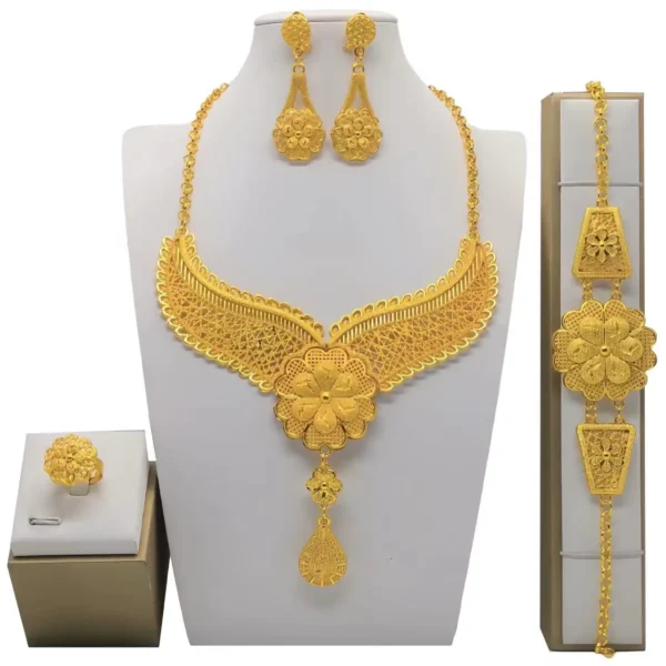 Trendy Dubai Gold Color Jewelry Set For Women Tassel Long Arabic Ethiopian Chain Bridal Necklace Bracelet Earring Ring Sets