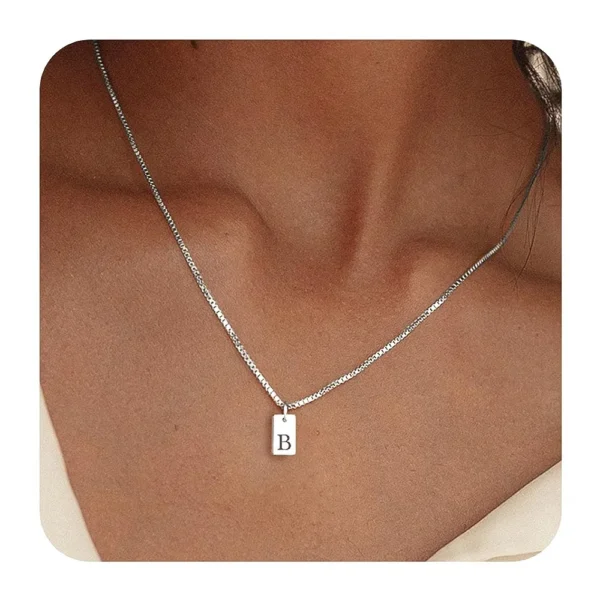 Vintage 26 Alphabet Letter Square Necklace Women Silver Plated Geometric Rectangular Necklace Birthday Jewelry Personalized Gift